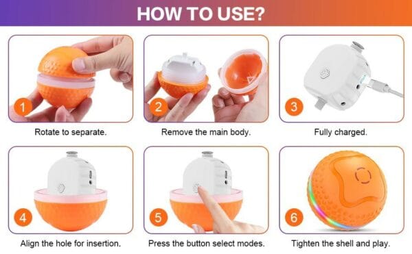 Interactive Dog Toys Ball, Automatic Rolling Toy, Lively Pet Ball For Medium ,Large Dogs To Relieve Boredom, Activated Automatic Motion Dog Balls Toy With LED Flash, USB Rechargeable Orange Purple - Image 7