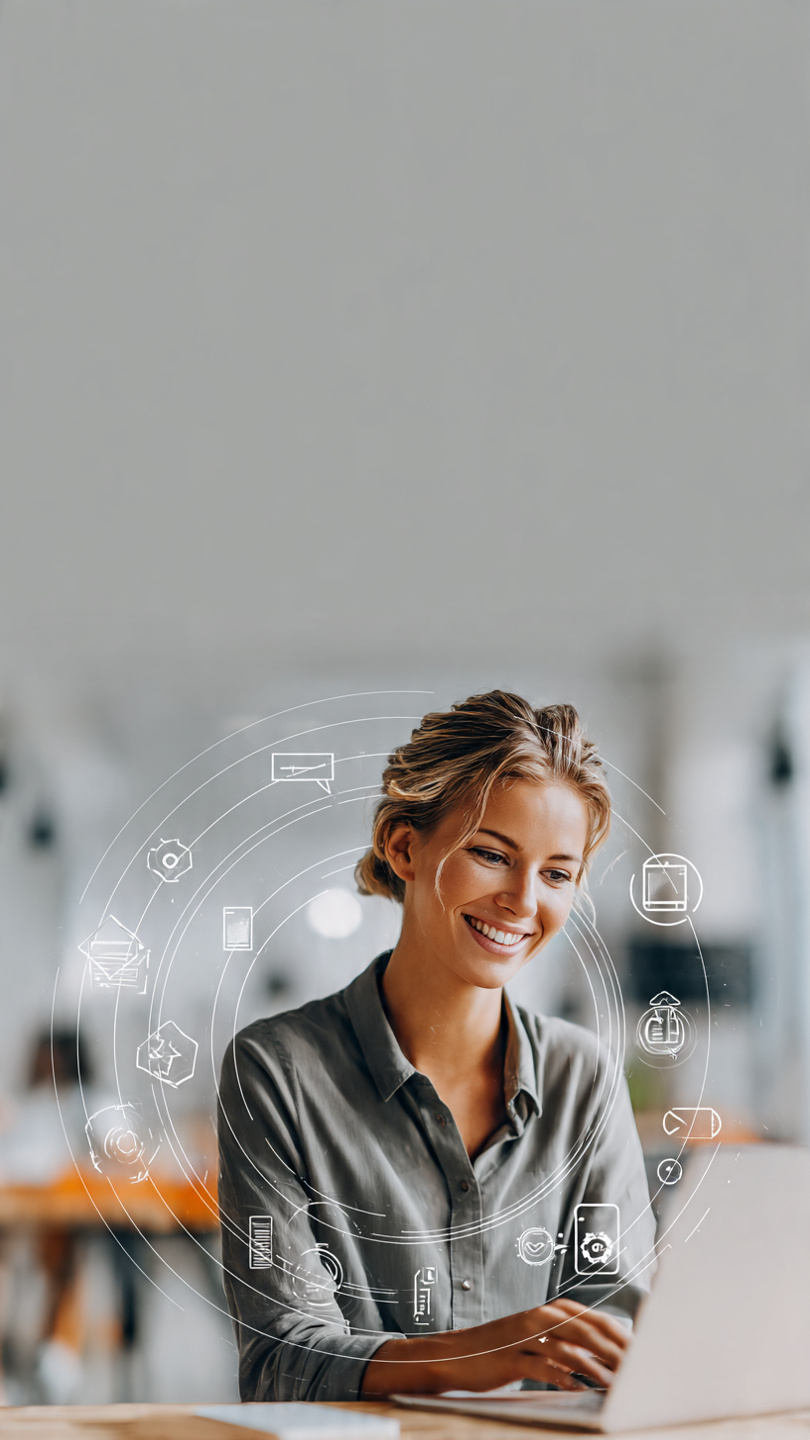 “professional woman using laptop for job search, online tools and best shopping deals on ZafDeals website – modern workspace web banner”